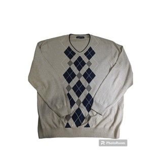 Roundtree & Yorke Mens Argyle Sweater Size Large Classic Brown V Neck Cotton